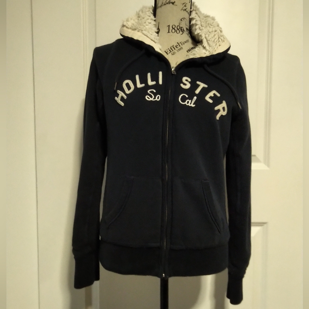 Hollister Hoodie Dark Blue Logo Jacket - Size L